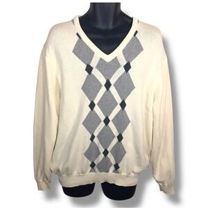 Vintage XL Lyle And Scott Argyle Sweater Ivory Grey Academia Cotton Vneck Knit